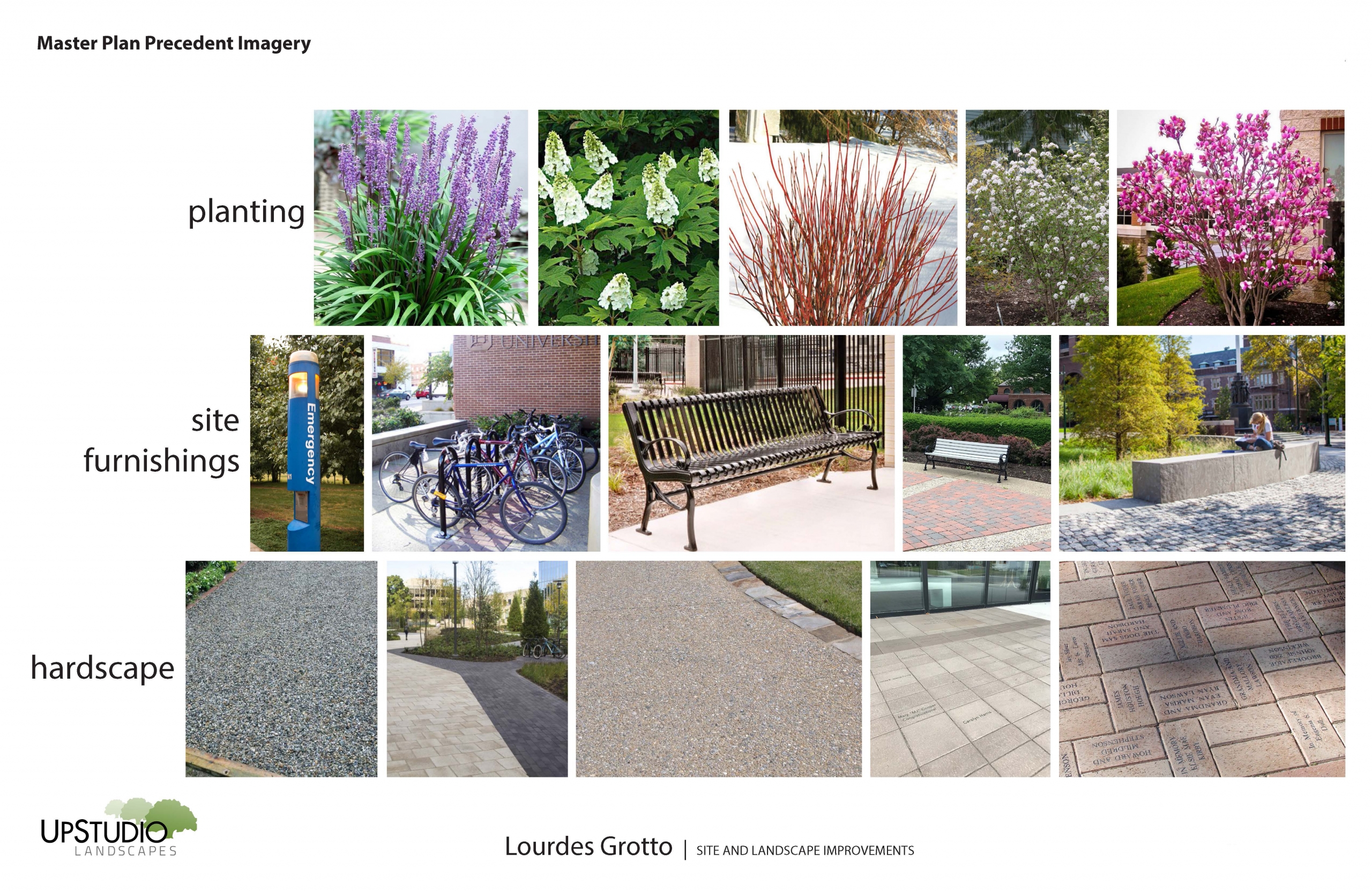 precedent imagery of site improvements and plantings
